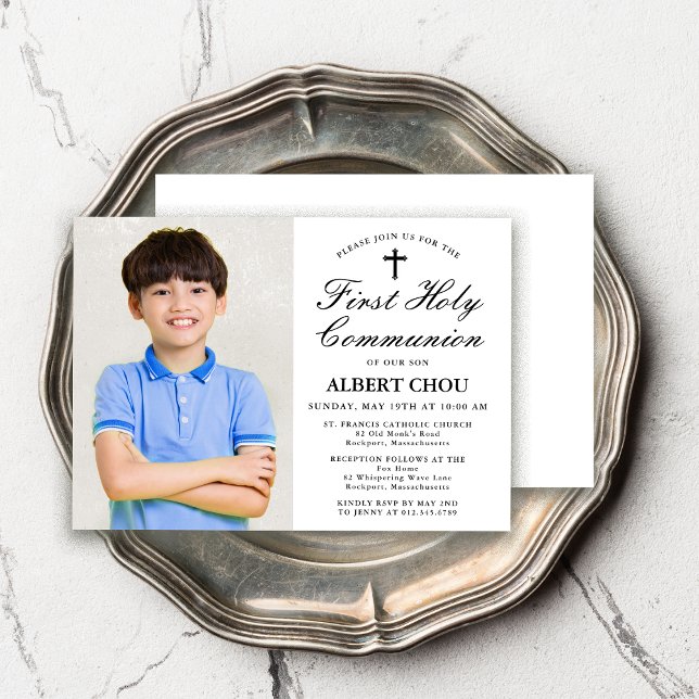 First Holy Communion One-Photo Elegant Boy Invitation (Creator Uploaded)
