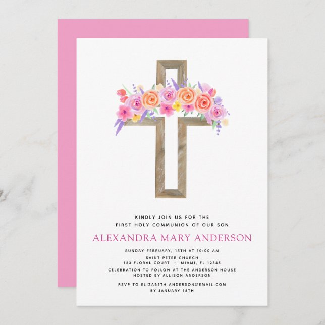 First Holy Communion Pastel Floral Pink Invitation (Front/Back)