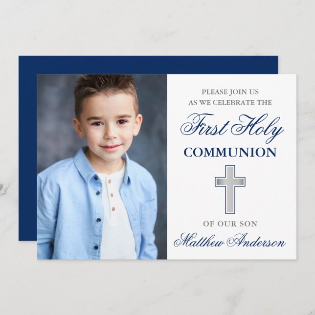 First Holy Communion Photo Blue and Silver Invitation (Front/Back)