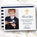 First Holy Communion Photo Blue Stripes Gold Thank You Card<br><div class="desc">Elegant First Holy Communion Thank You Card with Gold Cross. Photo Front. Navy Blue and White Striped back.</div>