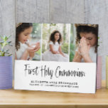First Holy Communion Photo Collage  Plaque<br><div class="desc">Stylish,  modern photo collage plaque. First Holy Communion is featured in a sophisticated typographic script with stylish handwritten lettering on a white background. Customise with a name,  the date,  the place of the baptism. ideal as a gift or keepsake.</div>