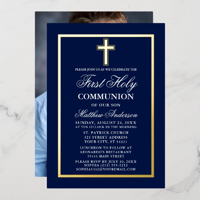 First Holy Communion Photo Cross Navy Blue Gold (Front/Back)