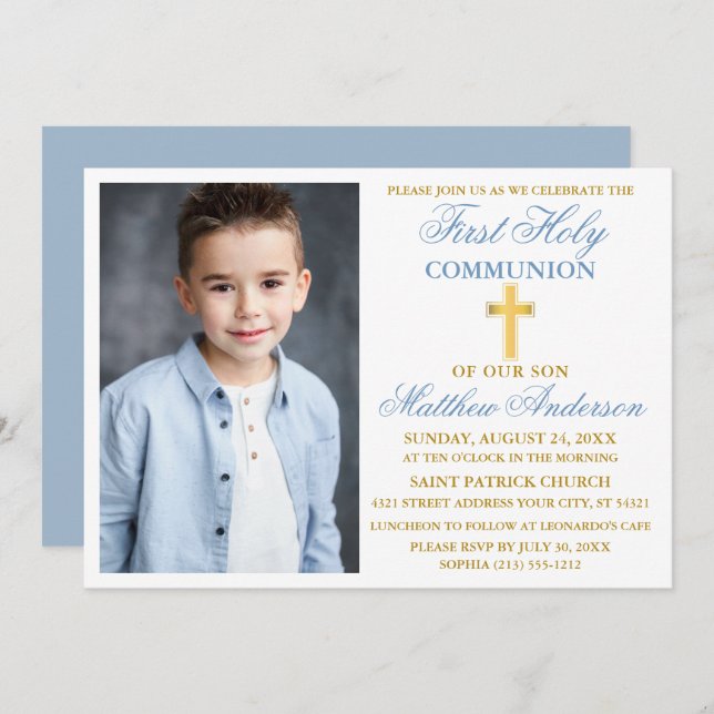 First Holy Communion Photo Dusty Blue Gold Invitation (Front/Back)