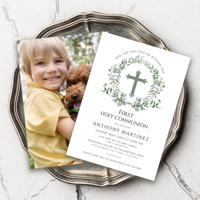 First Holy Communion Photo Eucalyptus Wreath Invitation (Creator Uploaded)