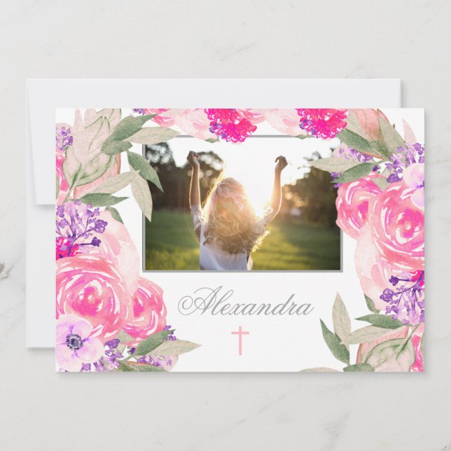 First Holy Communion Photo Floral Roses Invitation (Back)