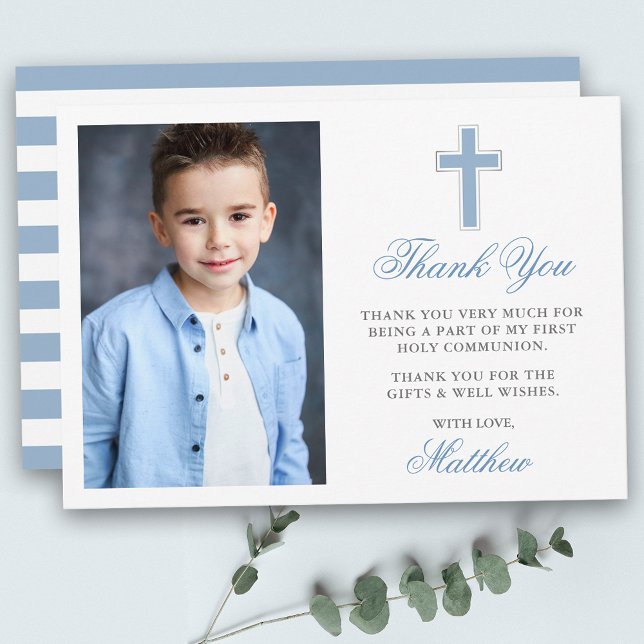 First Holy Communion Photo Light Blue Striped Thank You Card (Customize to change text size, color or text style.)