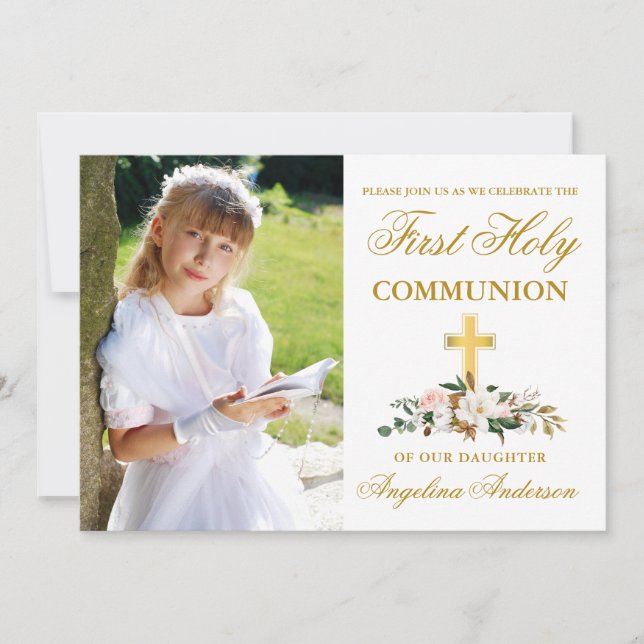 First Holy Communion Photo Magnolia Floral Invitation (Front)