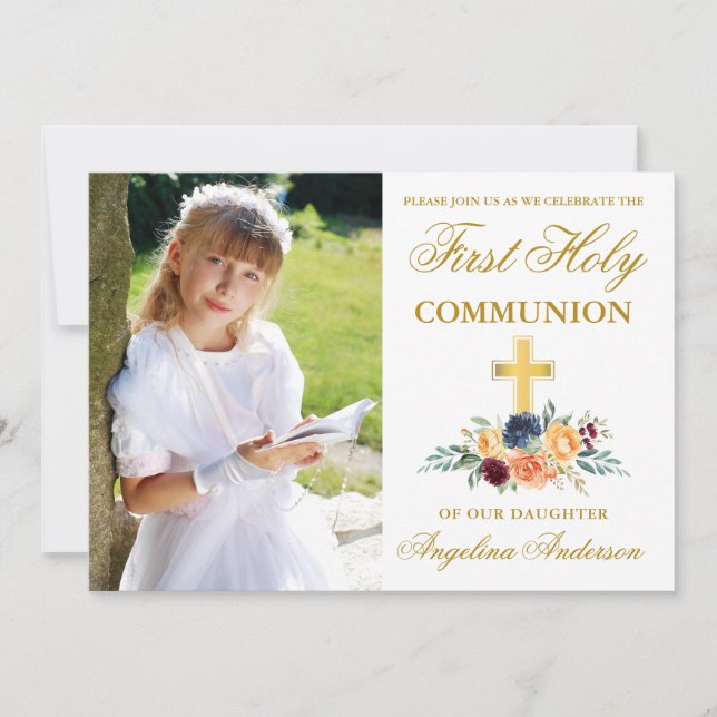 First Holy Communion Photo Mixed Floral Greenery Invitation (Front)