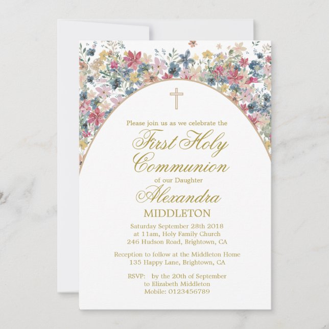 First Holy Communion Photo Modern Field Flowers  Invitation (Front)