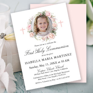 First Holy Communion Photo Pink Rose Floral Invitation