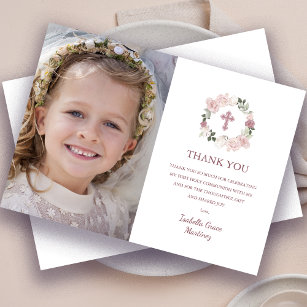 First Holy Communion Photo Pink Rose Flower Thank You Card