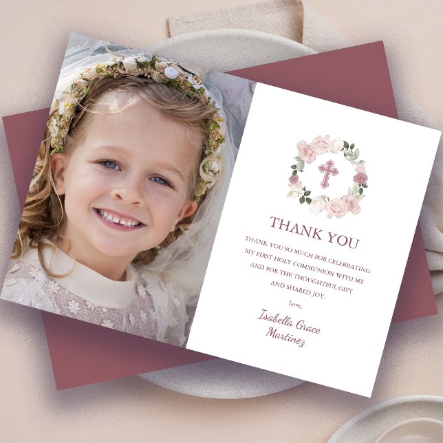 First Holy Communion Photo Pink Rose Flower Thank You Card (Creator Uploaded)