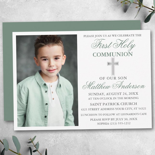 First Holy Communion Photo Sage Green Silver Invitation (Customize to change text color,  size, style or to change color of back of card.)