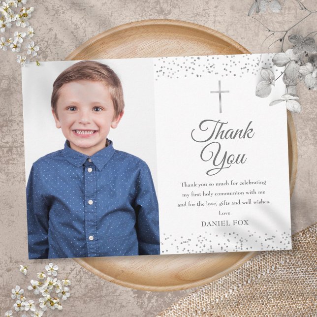 First Holy Communion Photo Silver Thank You Postcard (Creator Uploaded)