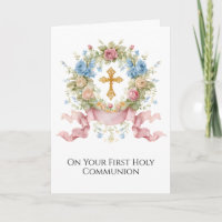 First Holy Communion Pink Blue Floral Wreath Cross