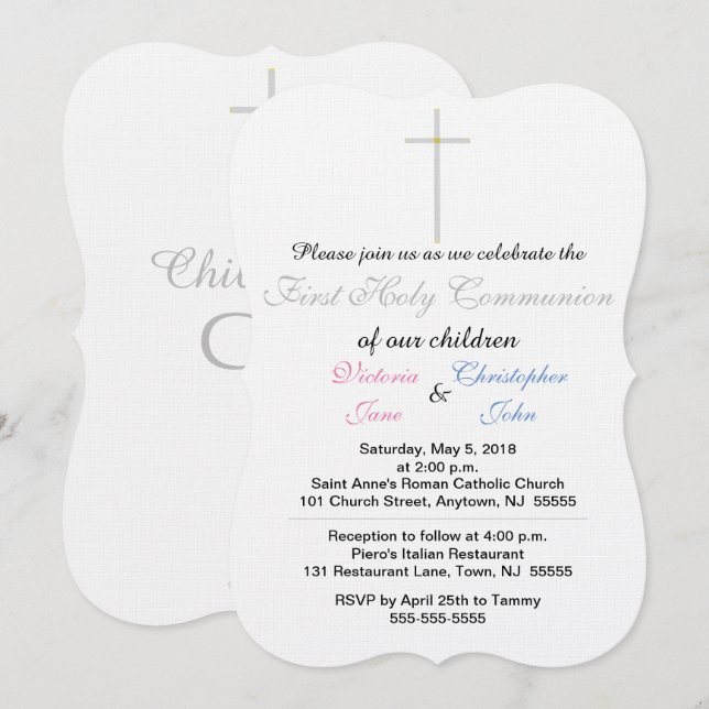 First Holy Communion Pink Blue Twins Invitation (Front/Back)