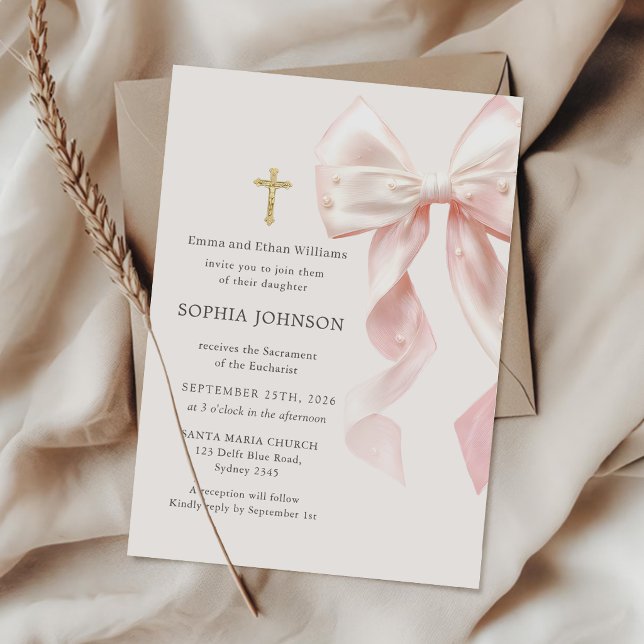 First Holy Communion Pink Bow Girl Invitation (Creator Uploaded)