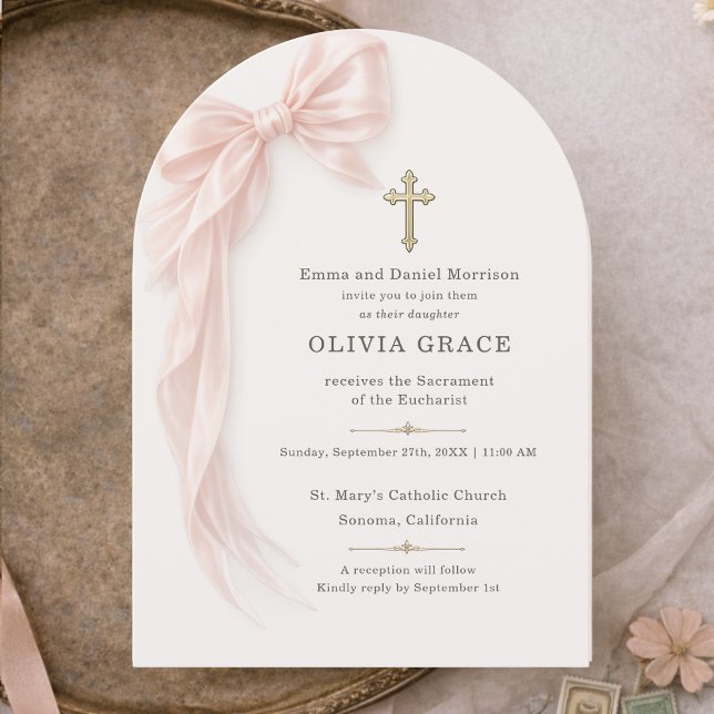 First Holy Communion Pink Bow Girl  Invitation (Creator Uploaded)