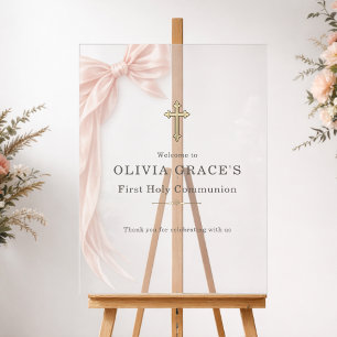 First Holy Communion Pink Bow Girl Welcome Acrylic Sign