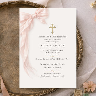 First Holy Communion Pink Coquette Bow Girl Invitation