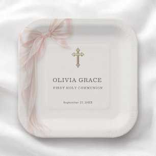 First Holy Communion Pink Coquette Bow Girl Paper Plate