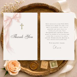 First Holy Communion Pink Coquette Bow Girl Thank You Card