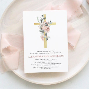 First Holy Communion Pink Dusty Rose Greenery Inv Invitation