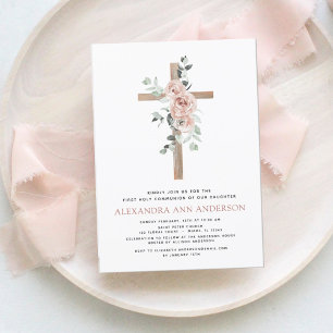 First Holy Communion Pink Dusty Rose Greenery Inv Invitation