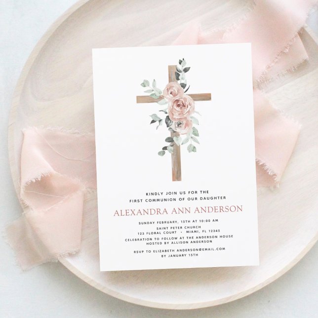 First Holy Communion Pink Dusty Rose Greenery  Inv Invitation (Creator Uploaded)