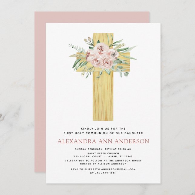 First Holy Communion Pink Dusty Rose Greenery  Invitation (Front/Back)