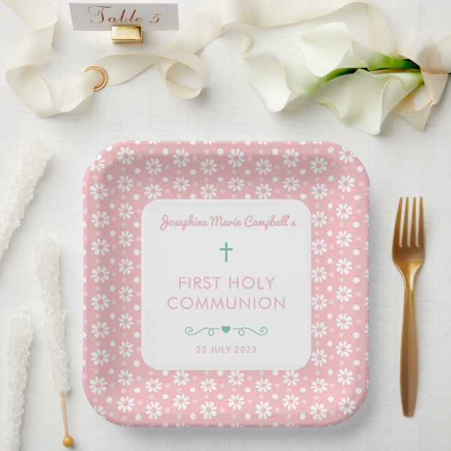 First Holy Communion Pink Floral Girl Religious Paper Plate (Wedding)