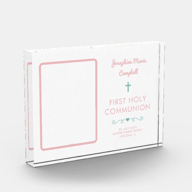 First Holy Communion Pink Girl Religious Keepsake Photo Block (Left)