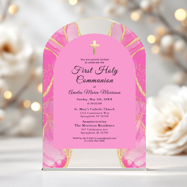 First Holy Communion Pink Gold Agate Elegant Acrylic Invitations (Creator Uploaded)