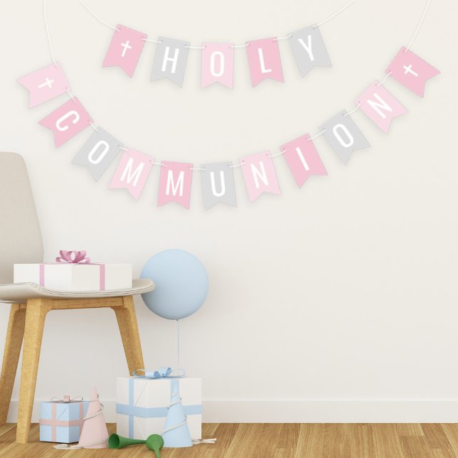 First Holy Communion Pink Grey Girl Celebration Bunting (Creator Uploaded)