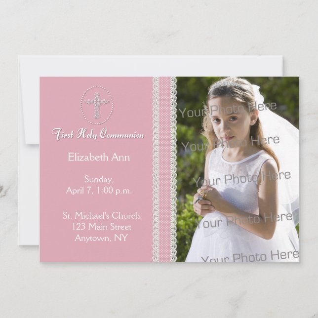 First Holy Communion, PInk Ribbon Invitation (Front)