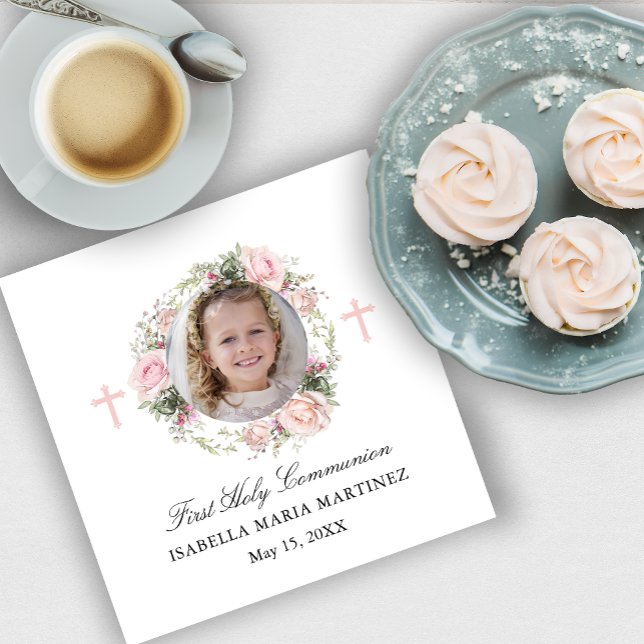 First Holy Communion Pink Rose Floral Cross Napkin (Creator Uploaded)