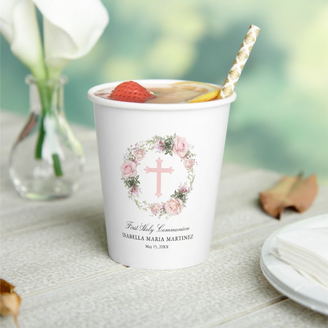 First Holy Communion Pink Rose Floral Cross Paper Cups (Insitu)