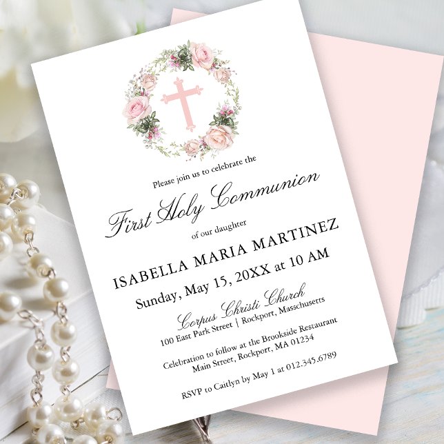 First Holy Communion Pink Rose Floral Invitation (Creator Uploaded)