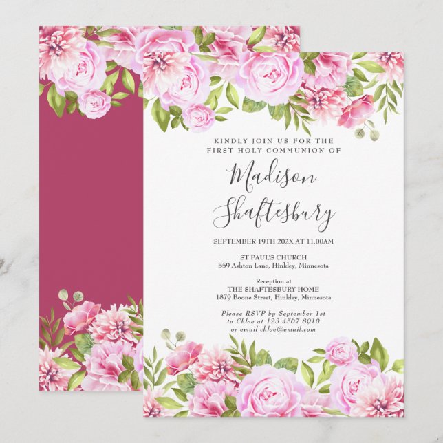First Holy Communion Pink Rose Floral Invitation (Front/Back)