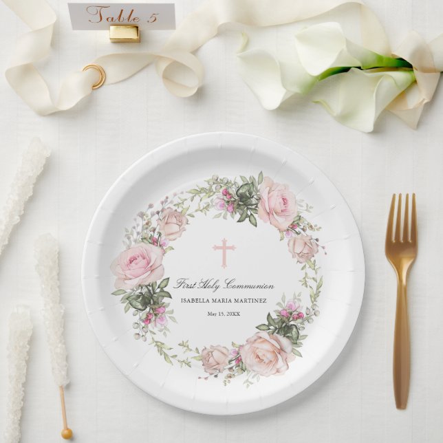 First Holy Communion Pink Rose Flower Cross Paper Plate (Wedding)