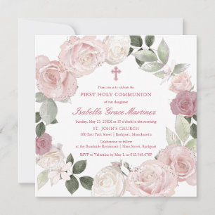 First Holy Communion Pink Rose Flower Invitation