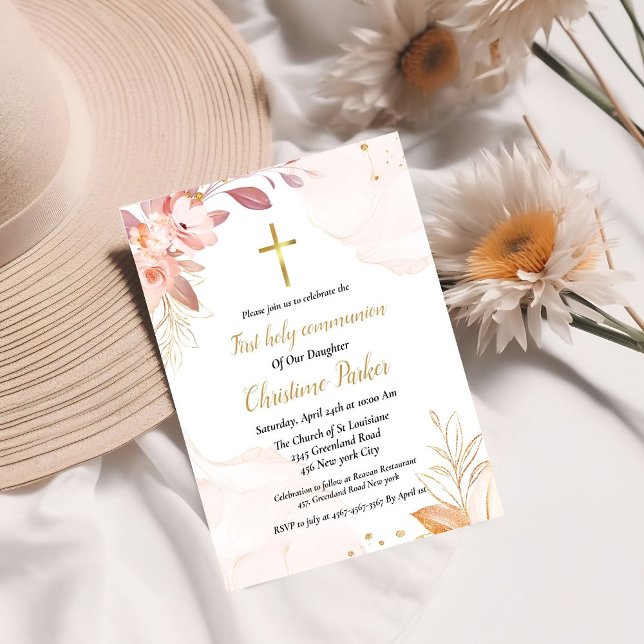 First holy communion pink watercolor splash invitation (Creator Uploaded)