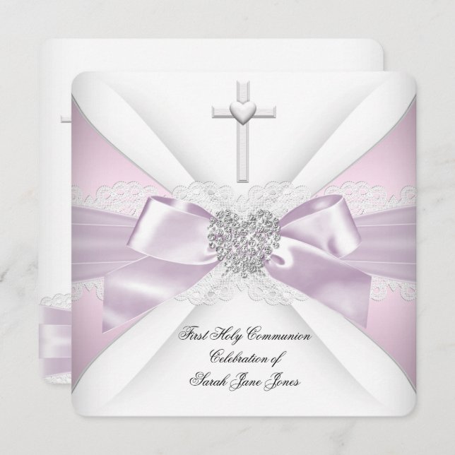 First Holy Communion Pink White Silver Heart Girl Invitation (Front/Back)