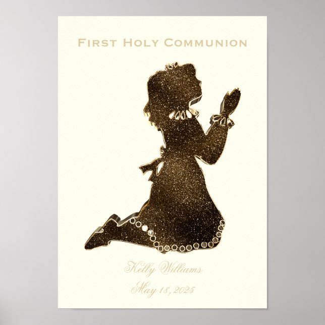 First Holy Communion Praying Girl Gold Elegant Poster (Front)