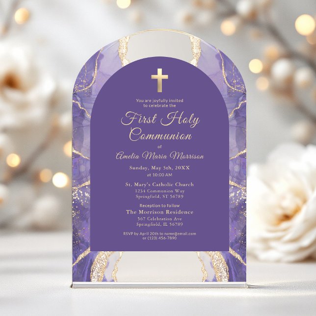 First Holy Communion Purple Gold Agate Elegant Acrylic Invitations (Creator Uploaded)