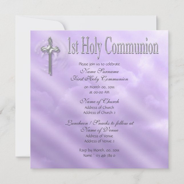 First holy communion purple religious invitation (Front)