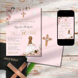 First Holy Communion Religious Pink Girl Invitation