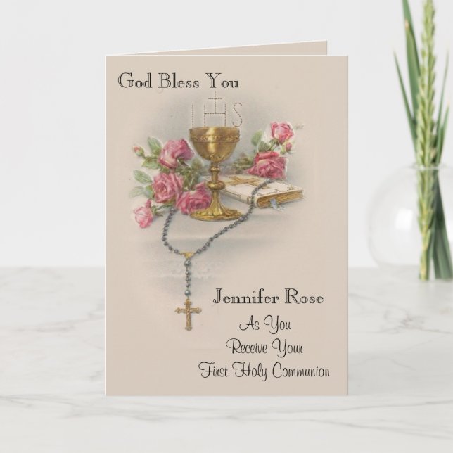First Holy Communion Rosary Roses Bible Holiday Card (Front)