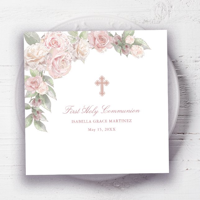 First Holy Communion Rose Floral Cocktail Napkin (Creator Uploaded)