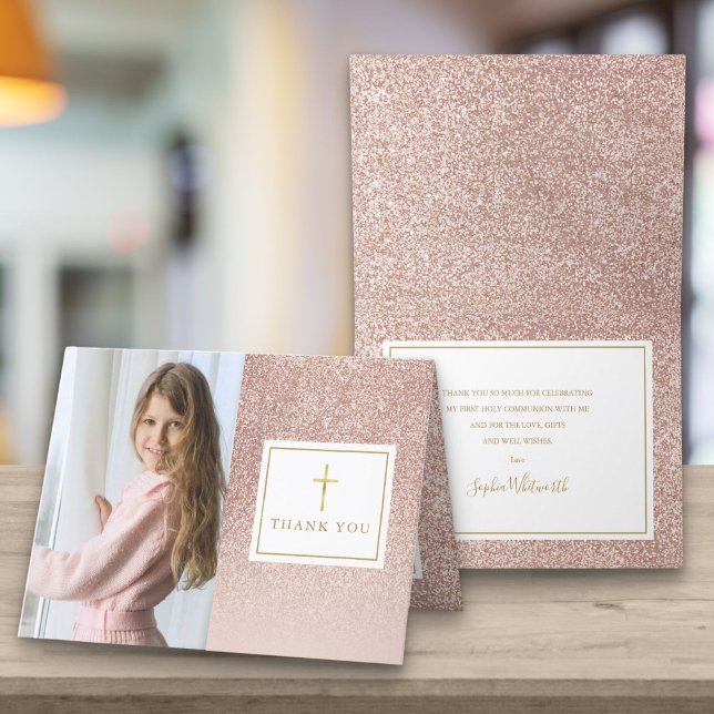 First Holy Communion Rose Gold Glitter Photo Thank You Card (Creator Uploaded)